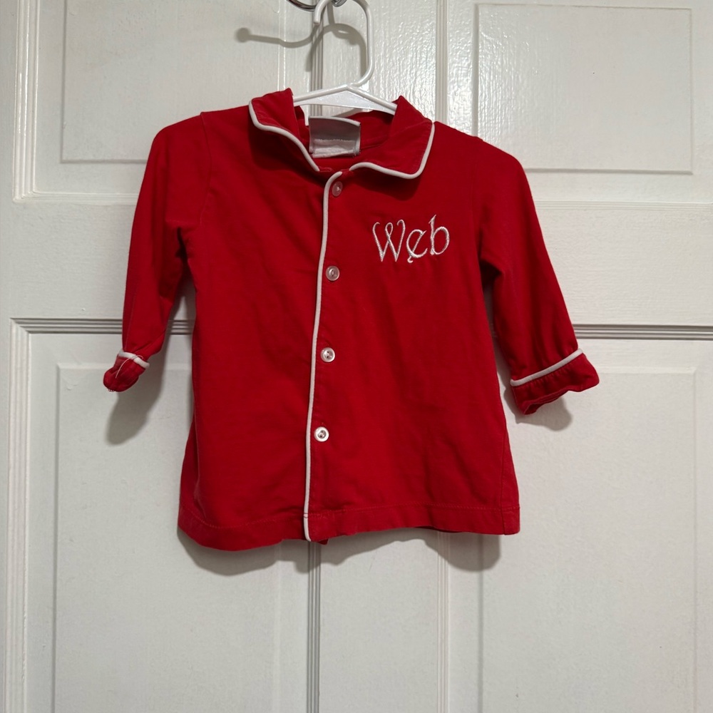 “Web” Monogram Pajama Top 12 Month Red White Christmas Long Sleeve Button Down